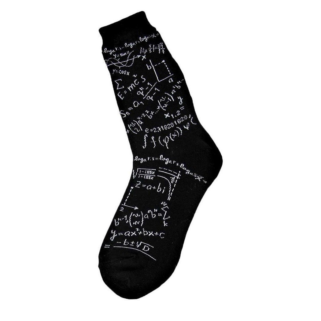 Pair of black crew socks printed with white mathematical equations and formulas