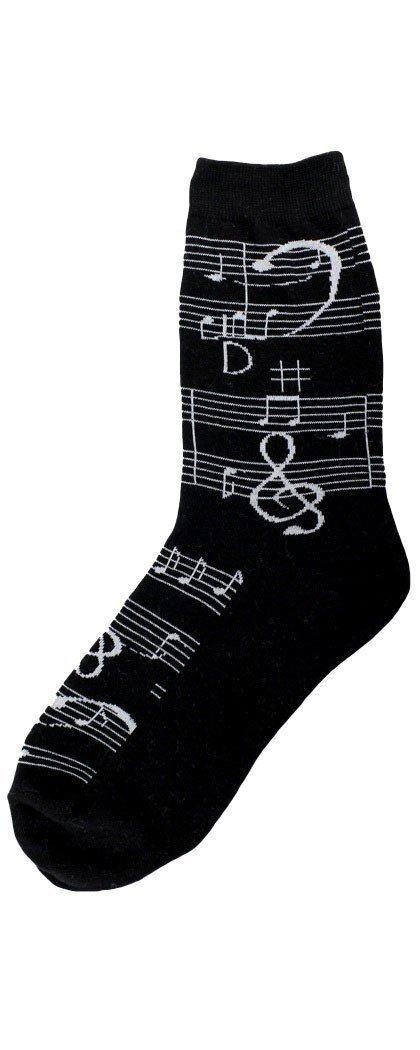 Black women's crew socks printed with white sheet-music staffs, treble and bass clefs, and musical notes