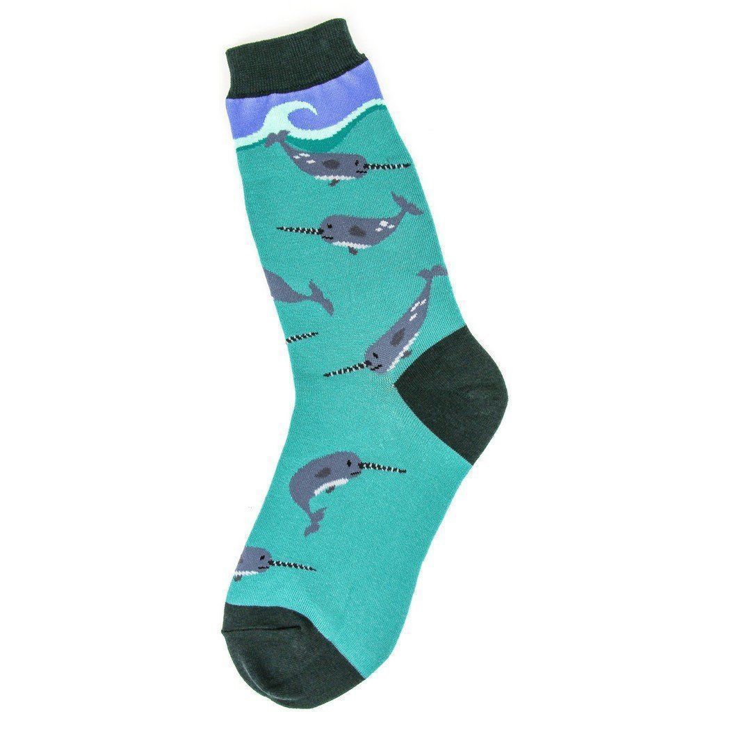 Single teal crew sock with gray narwhals, spiral tusks, and a blue wave at the cuff