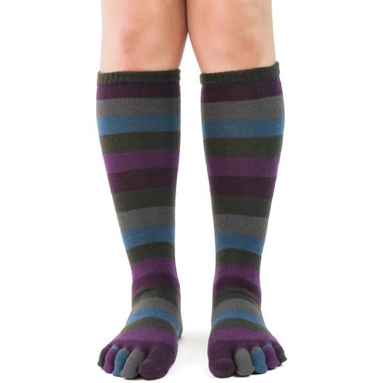Striped knee high toe socks worn, with purple, blue, gray and green stripes and individual toes