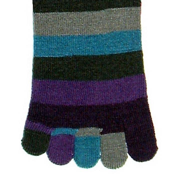 Close-up of the five individually colored toes on the striped toe socks