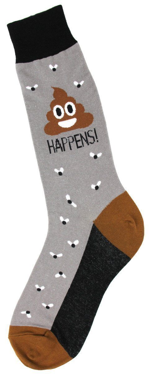 Gray men's crew sock with smiling poop emoji, the word HAPPENS, and small flies