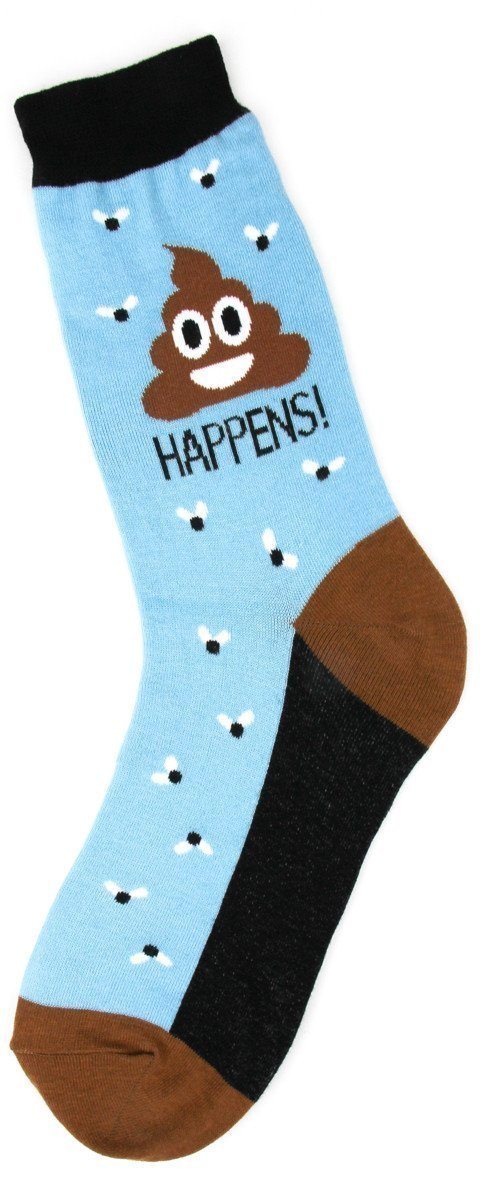 Light blue women's crew sock with smiling poop emoji, the word HAPPENS, and small flies