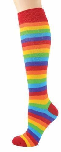 Single rainbow striped knee high sock with bright horizontal bands and a red heel and toe