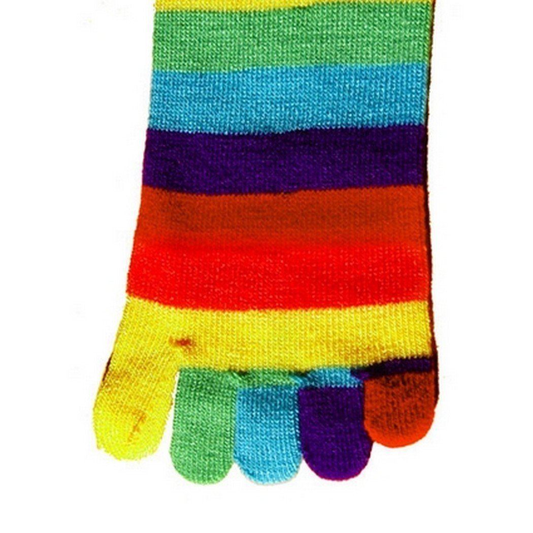 Rainbow striped toe sock with green, blue, purple, red, orange and yellow bands and individual toes
