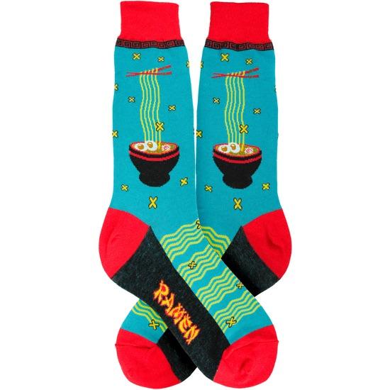 Pair of teal men's crew socks laid flat with a steaming ramen bowl, chopsticks, and red cuffs and toes