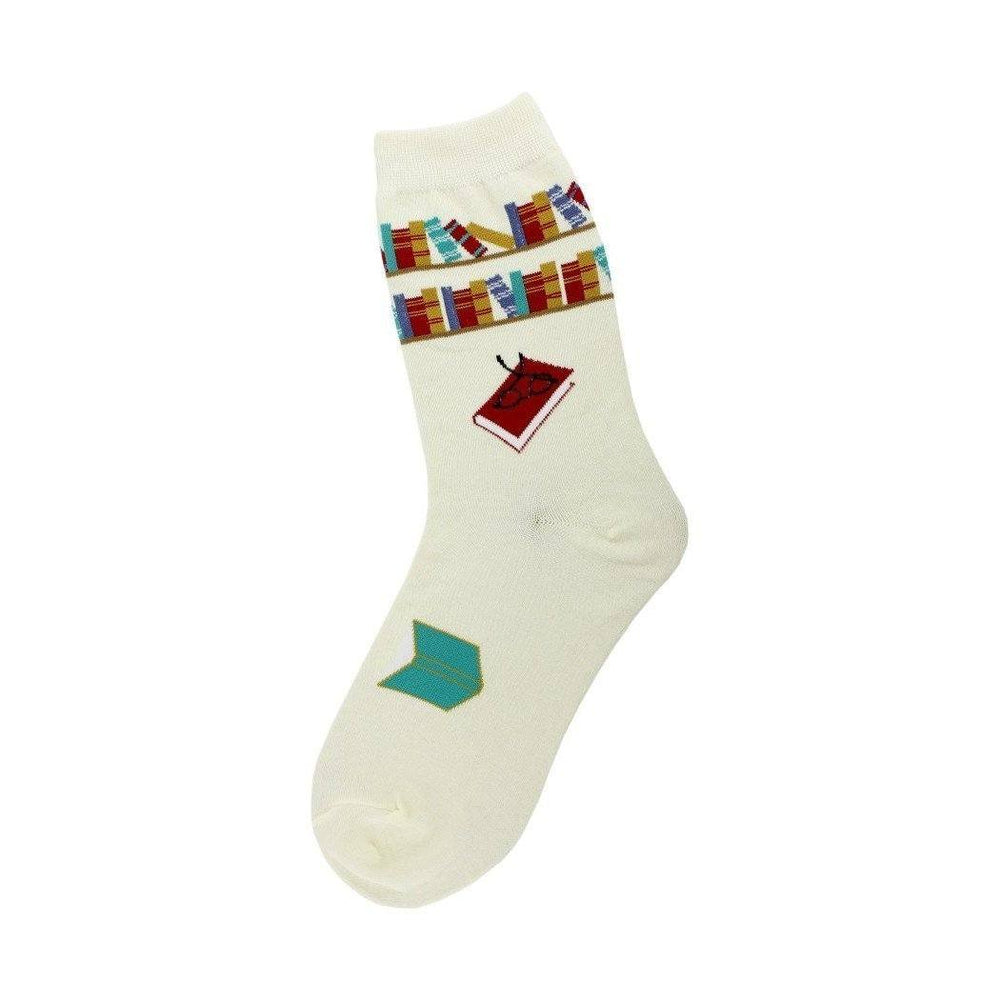 Women's reading crew sock shown in cream with the same bookshelf and book design, an alternate colorway.