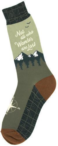 Olive green men's crew sock reading Not All Who Wander Are Lost with mountains and a compass