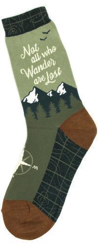 Olive green women's crew sock reading Not All Who Wander Are Lost with mountains and a compass
