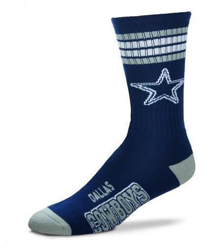Navy men's crew sock with Dallas Cowboys star logo, silver stripes, and team name