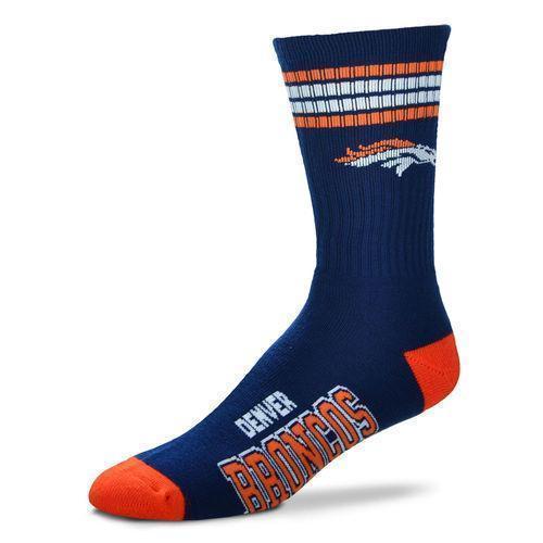 Kids' Denver Broncos crew socks, single sock side view with bronco logo and team name on foot