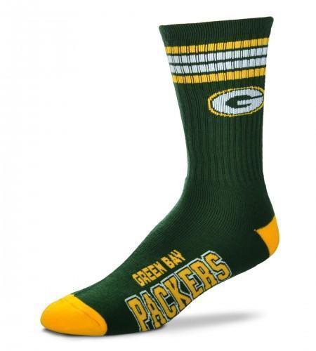 Green men's crew sock with Green Bay Packers G logo, gold and white stripes, and team name
