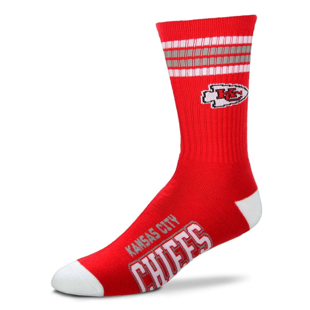 Bright red men's crew sock with Kansas City Chiefs KC arrowhead logo, white stripes, and team name