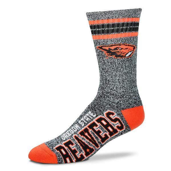 Single men's marbled gray crew sock with orange and black stripes, the Oregon State Beaver logo at the cuff and BEAVERS across the foot