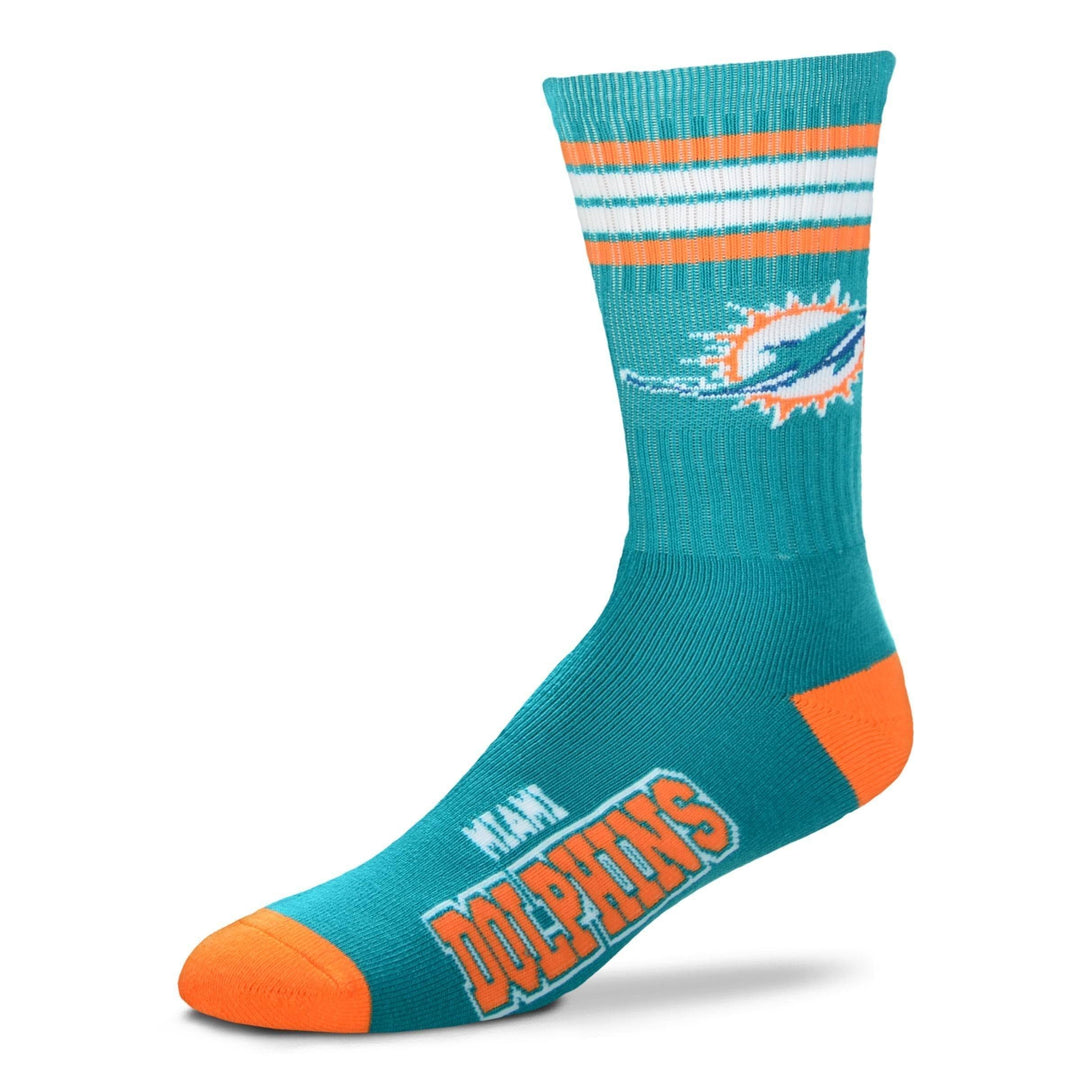 Aqua men's crew sock with Miami Dolphins logo, orange and white stripes, and team name