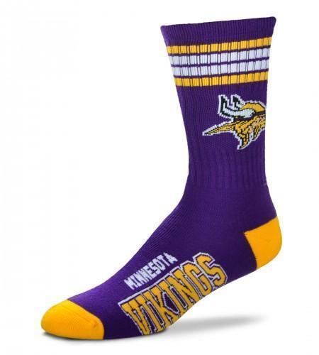 Purple Minnesota Vikings crew sock with gold and white stripes, the horned Viking logo, gold toe and heel, and team name across the foot