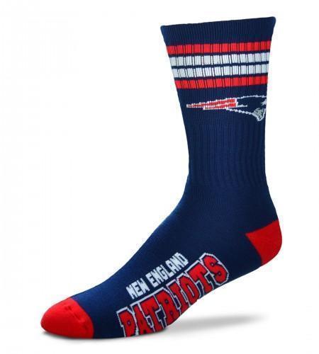 Navy New England Patriots crew sock with red and white stripes, flying Patriot logo, red toe and heel, and team name across the foot