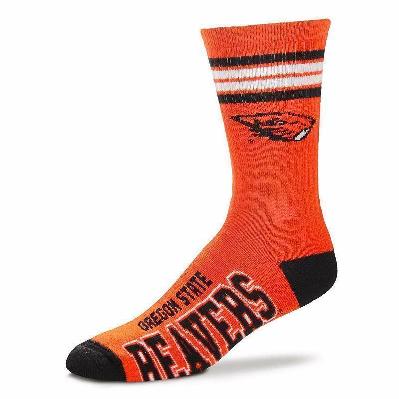 Women's orange Oregon State Beavers crew socks shown flat with the Beaver logo, cuff stripes and 'Beavers' lettering on the foot