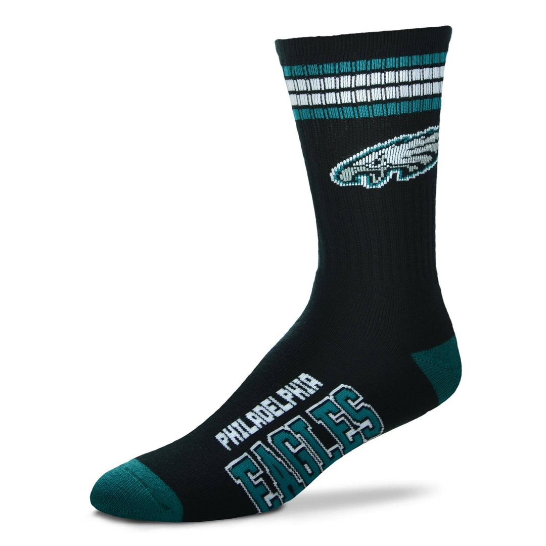 Kids' Philadelphia Eagles crew socks, single sock side view with winged eagle logo and team name on foot