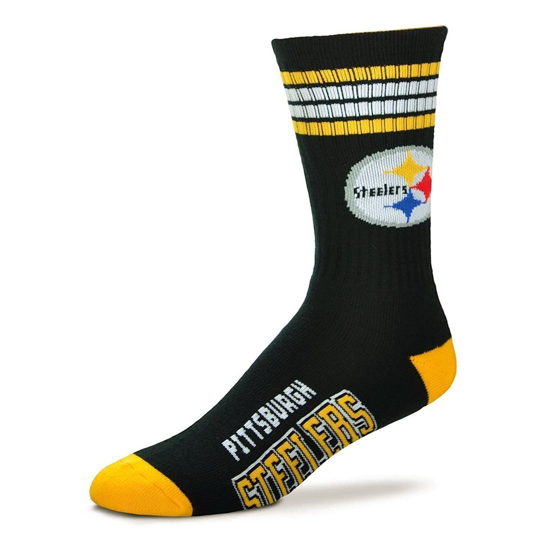 Black Pittsburgh Steelers crew sock with gold and white stripes, team logo, gold accents, and Steelers name across the foot