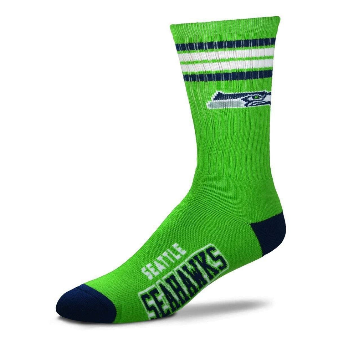 Single kids' green Seattle Seahawks crew sock with navy and white stripes, the hawk logo and SEATTLE SEAHAWKS across a navy foot
