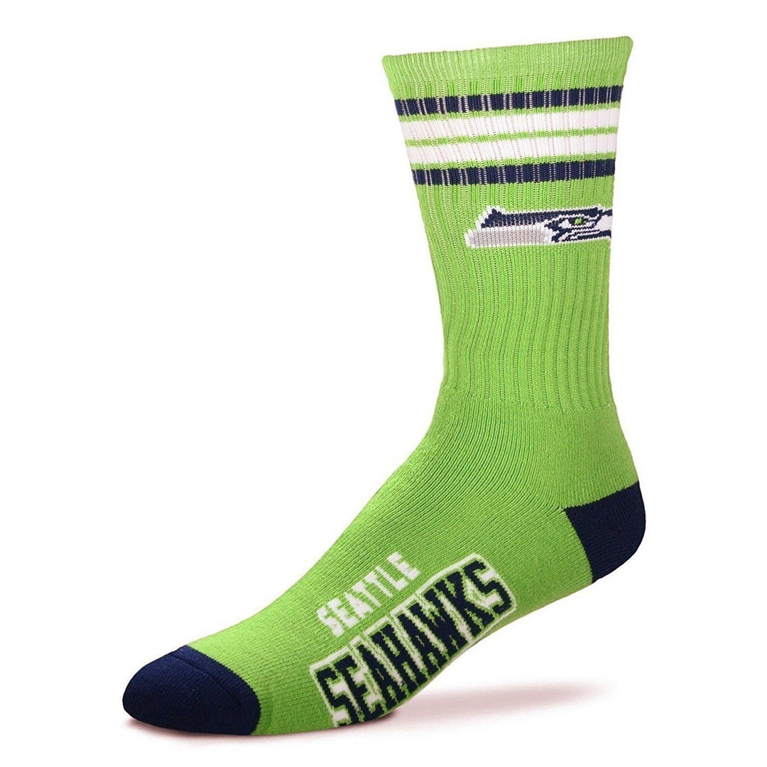 Navy Seattle Seahawks crew sock with green and white stripes, the Seahawk logo, contrast toe and heel, and team name across the foot