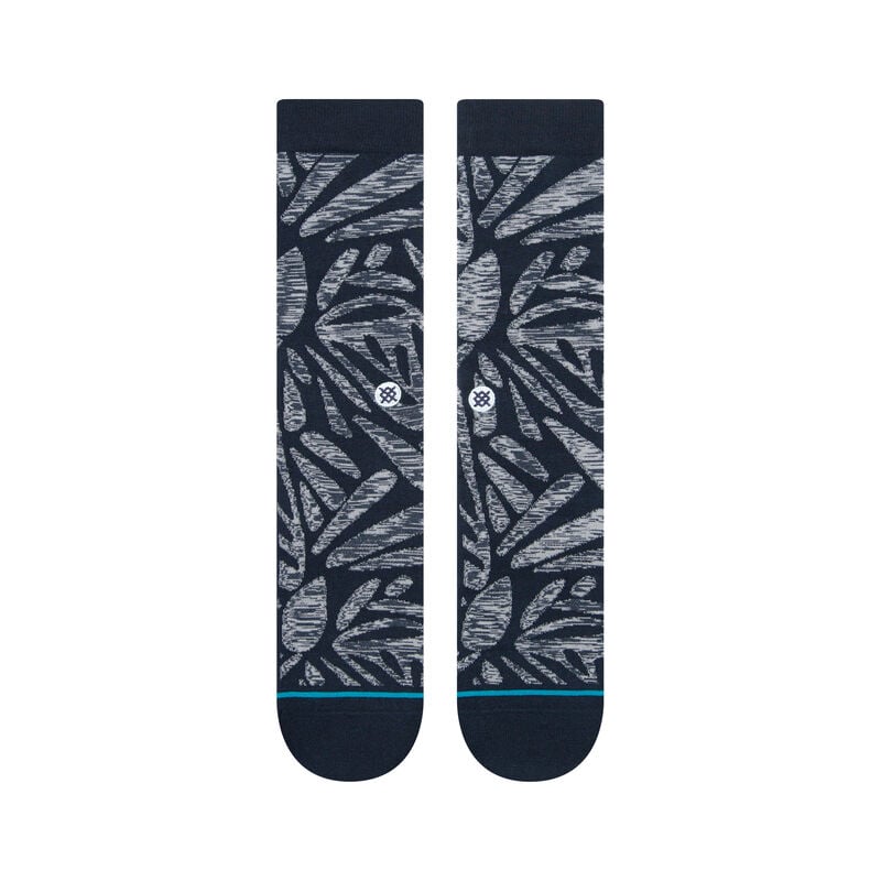 Flat top view of navy Fractalong crew socks showing the grey textured pattern