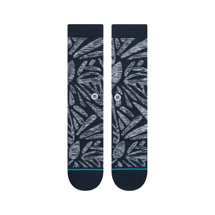 Flat top view of navy Fractalong crew socks showing the grey textured pattern