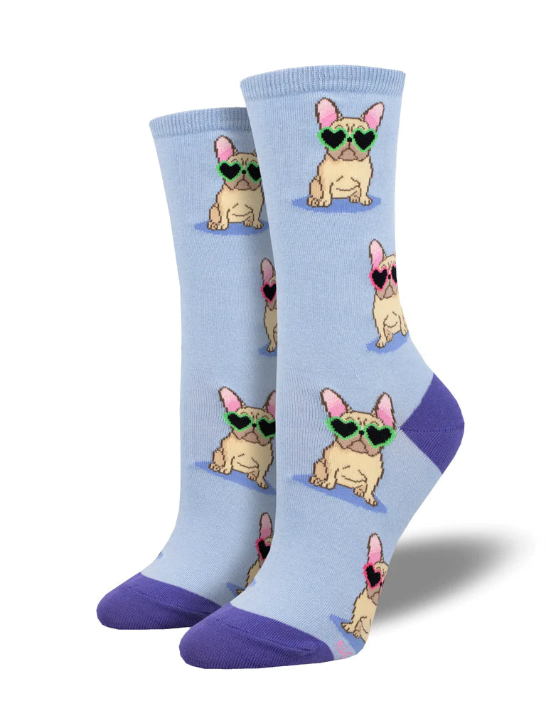 Periwinkle women's crew socks patterned with French Bulldogs wearing heart-shaped sunglasses, with purple heels and toes