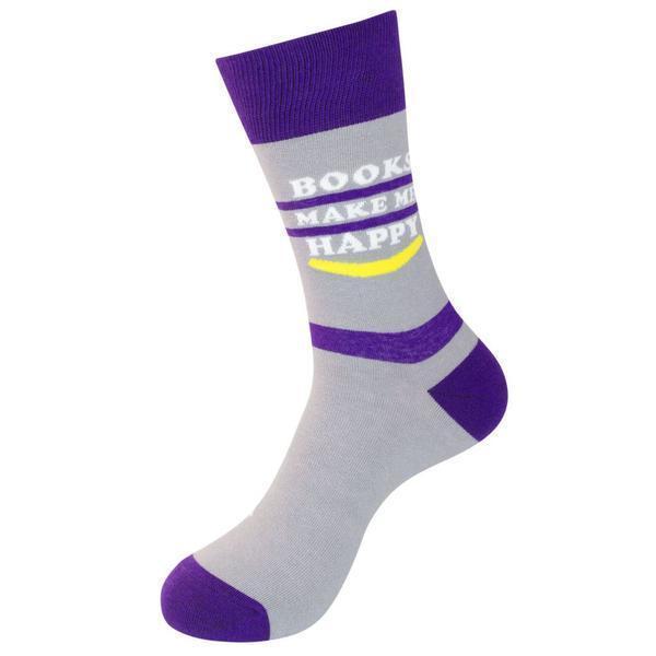 Front view of the book lover sock showing the purple cuff and yellow smile detail