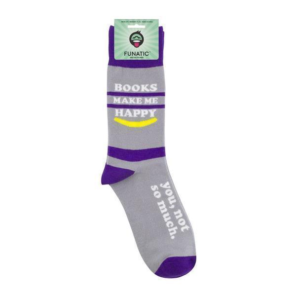 The book lover sock in its Funatic packaging showing the full design and label