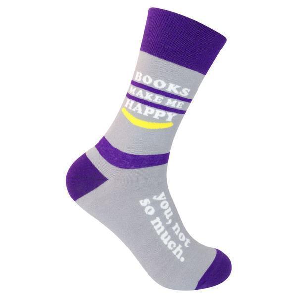 Unisex gray crew sock with purple stripes reading "Books make me happy, you, not so much"