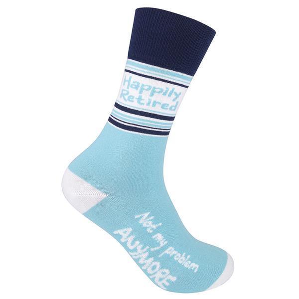 Unisex aqua crew sock with a navy striped cuff reading "Happily Retired" and "Not my problem anymore" on the sole