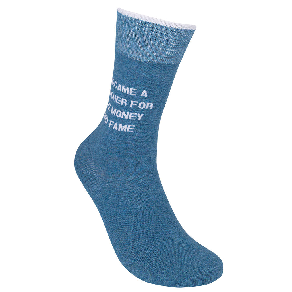 Angled view of a blue teacher crew sock showing the white lettering