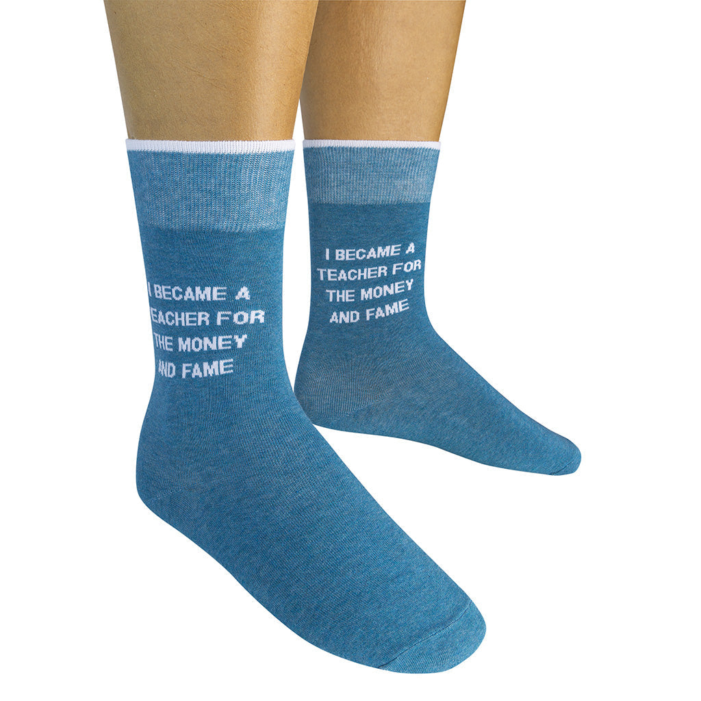 Model wearing the pair of blue teacher socks viewed from the front