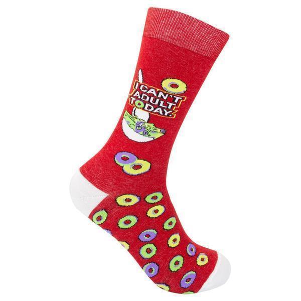 Unisex red crew sock with a cereal bowl, fruity loops and "I Can&