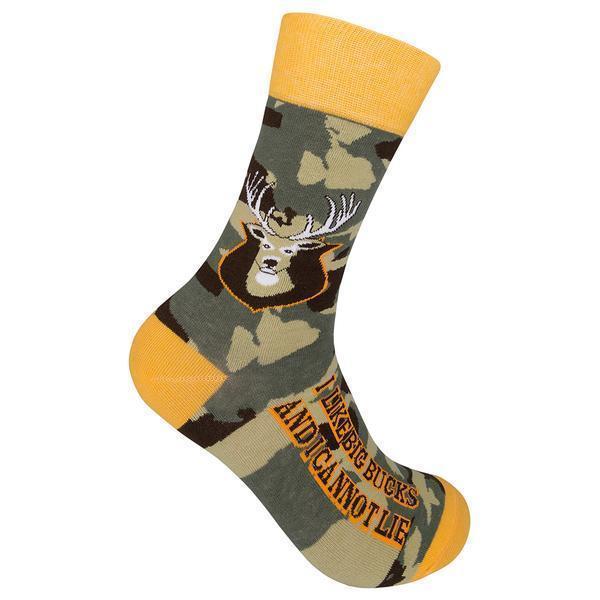 Unisex green camo crew sock with a mounted buck and "I like big bucks and I cannot lie" in orange