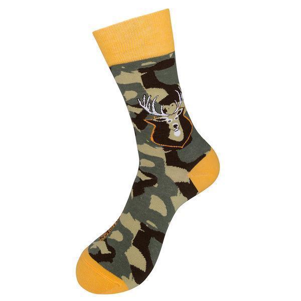 Front view of the camo hunting sock showing the buck head and golden cuff and toe