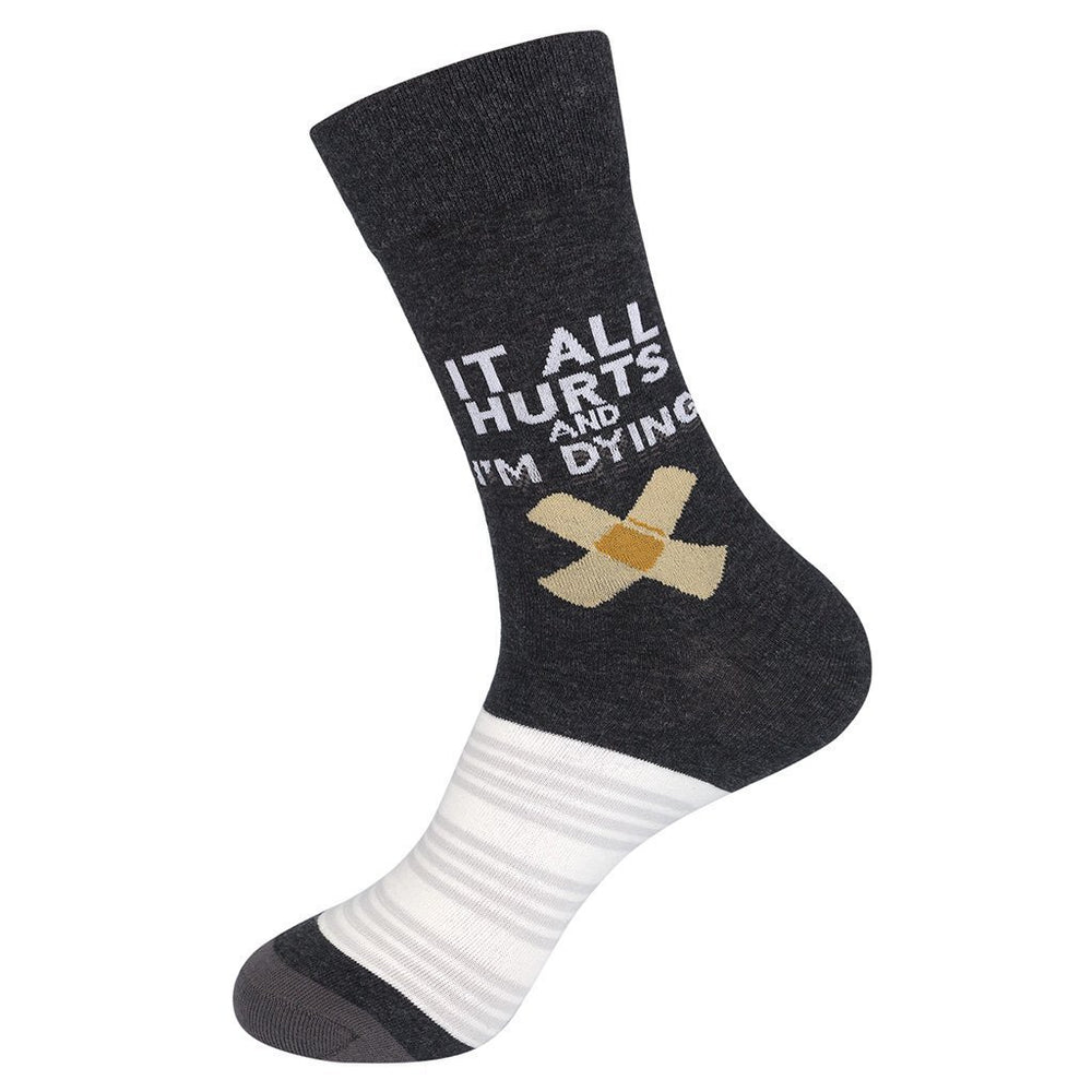 Second view of the same sock, showing the bandage badge, deadpan text and striped cream foot