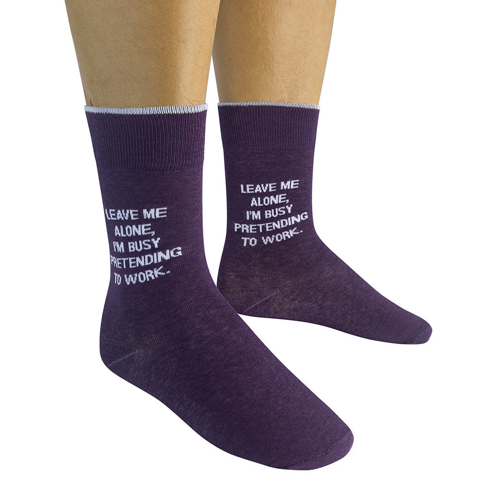 Model wearing the pair of plum pretending-to-work crew socks viewed from the front