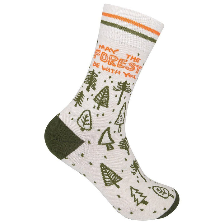 Unisex cream crew sock shown upright with hand-drawn green trees, orange &