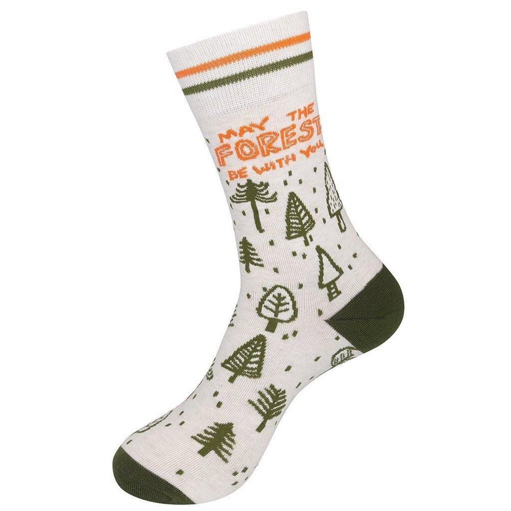 Second view of the cream forest sock, showing sketched evergreens, retro cuff stripes and an olive heel and toe