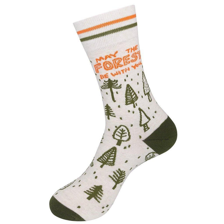Second view of the cream forest sock, showing sketched evergreens, retro cuff stripes and an olive heel and toe