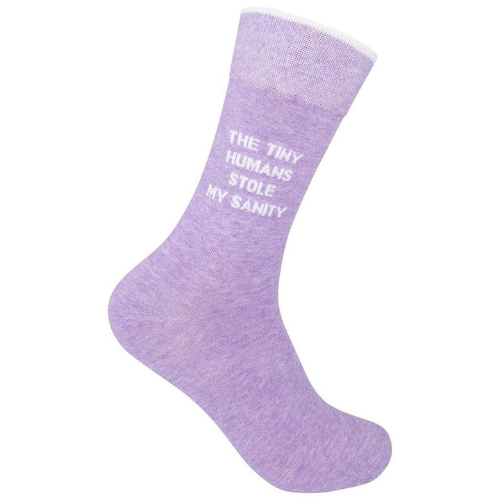 Heather-purple crew sock on a foot form, printed with "The Tiny Humans Stole My Sanity" in white