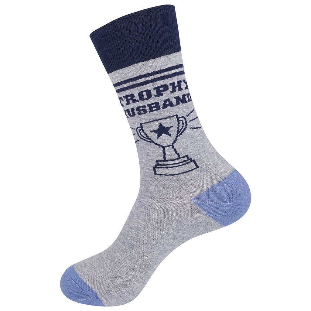 Single Trophy Husband sock displayed flat, showing the full navy banner, lettering, and trophy graphic