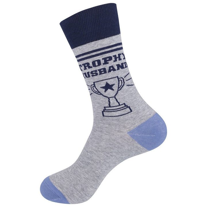 Single Trophy Husband sock displayed flat, showing the full navy banner, lettering, and trophy graphic