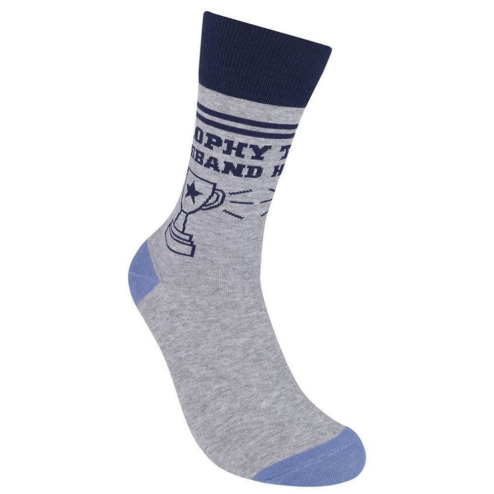 Angled view of the Trophy Husband sock showing the varsity stripes and trophy detail on the leg
