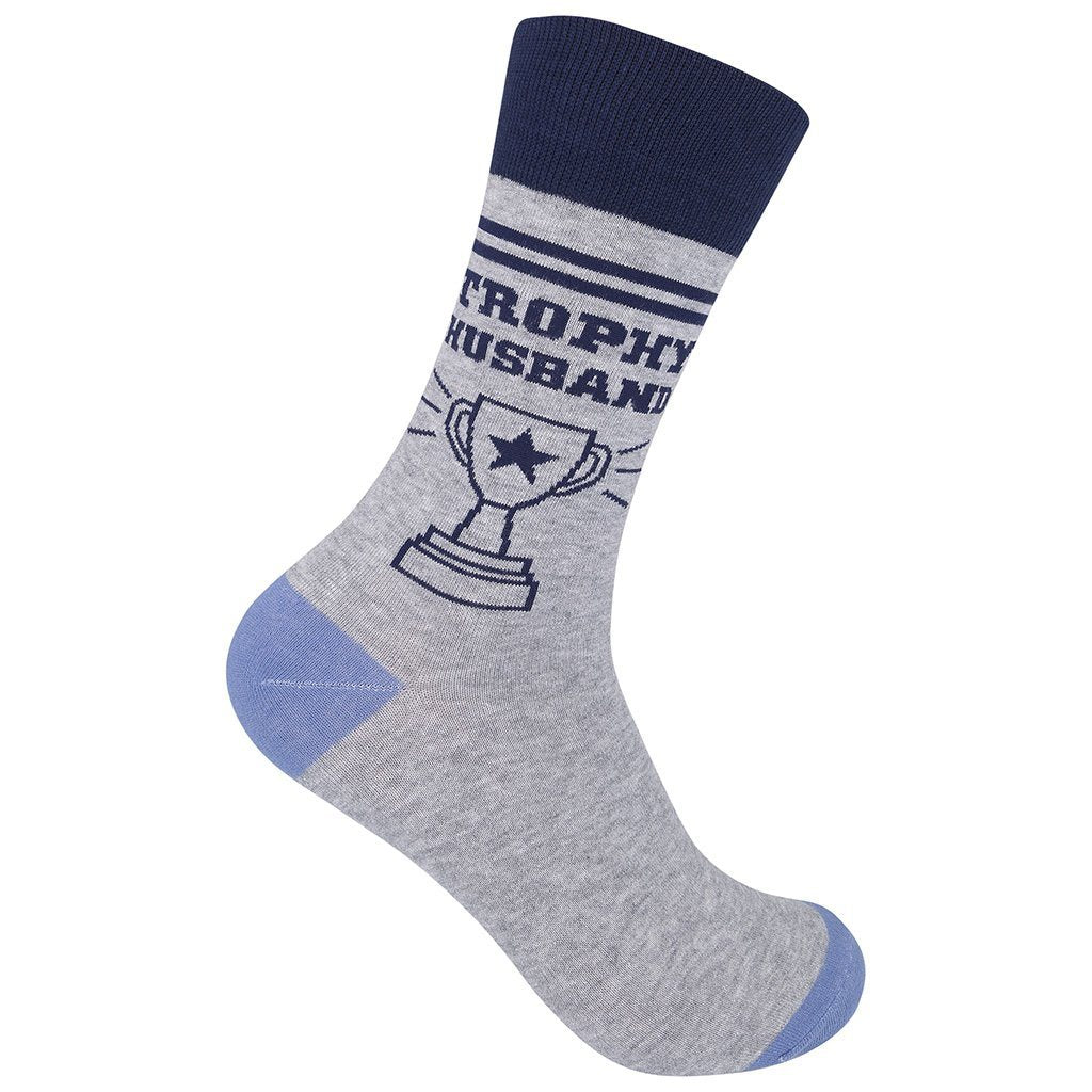 Unisex "Trophy Husband" crew sock on a foot form, gray with navy lettering and a star trophy graphic