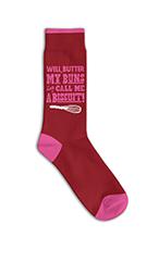 Unisex cranberry-red crew socks with pink heel and toe reading "Well Butter My Buns and Call Me a Biscuit" with a whisk