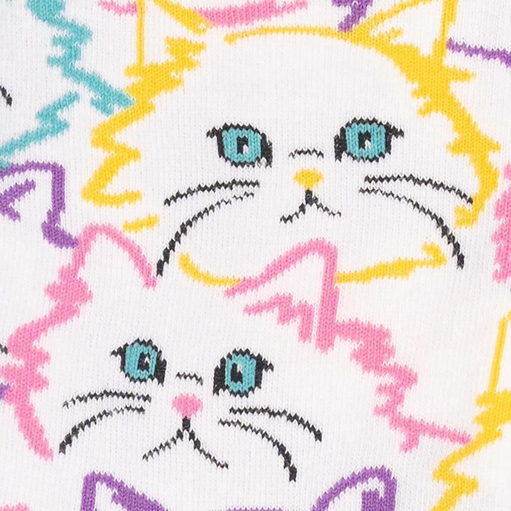 Close-up of the neon pop-art cat faces with aqua eyes